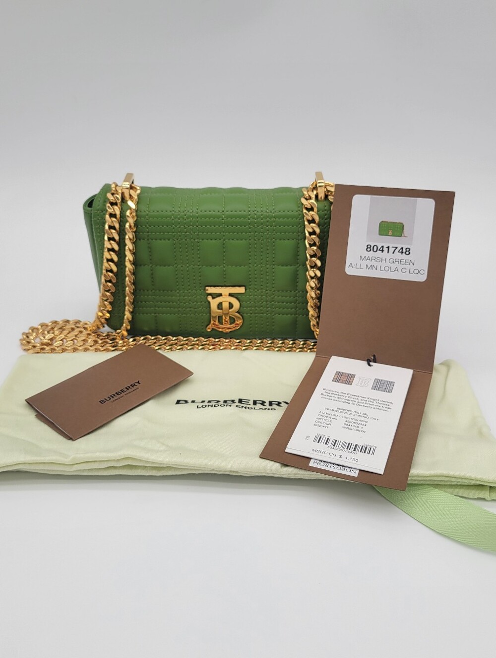 Burberry Lola Small Quilted Leather Crossbody Bag in Marsh Green